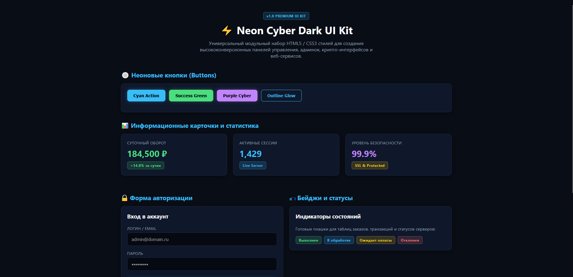 Neon Cyber Dark UI Kit v1.0 — Набор компонентов для админок и панелей